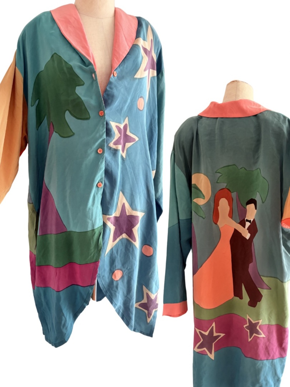 VTG Mosswear Womens Hand Painted Silk Abstract Colorful Art Dancers Button Top M
